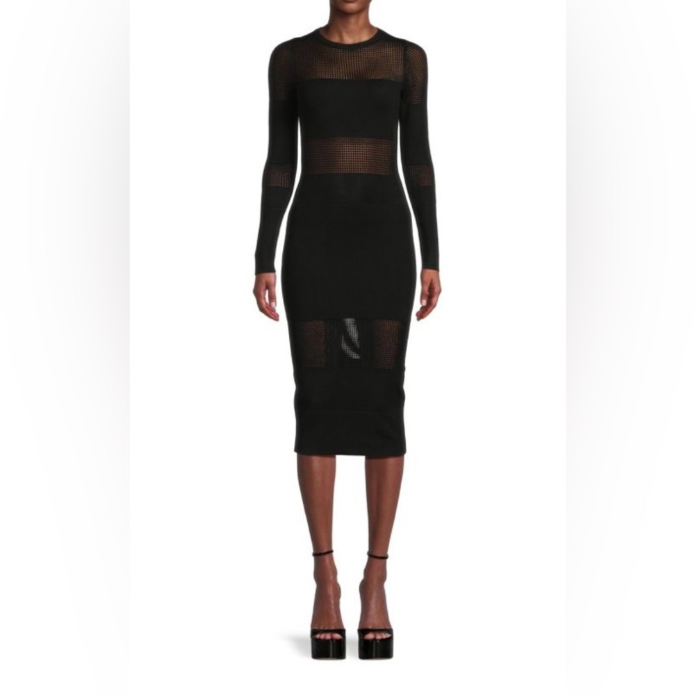 bebe Black Long Sleeve Mesh Panel Midi Dress